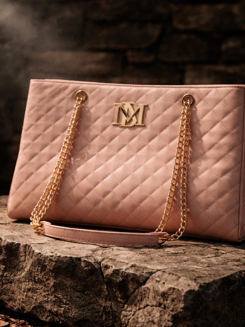 Badgley Mischka Blush Quilted Shoulder Tote with Gold Chains